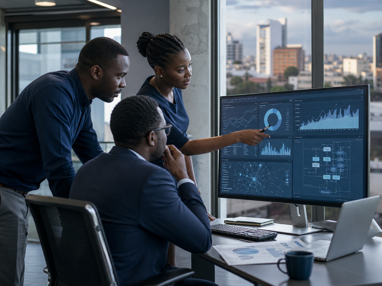 Business analytics team reviewing operational dashboards and workflow data